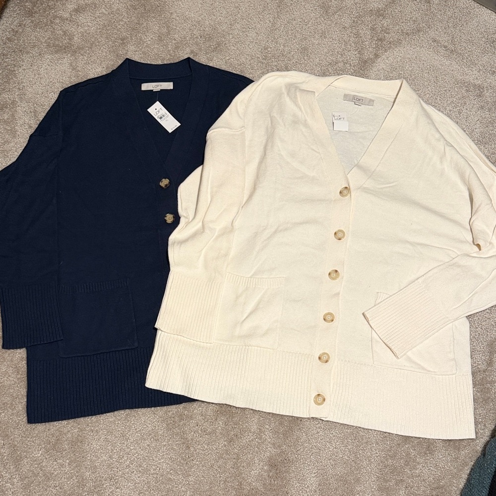 LOFT Navy and Cream V-Neck Button Cardigan Duo